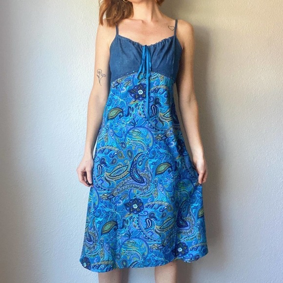 Vintage Y2K Faded Glory Blue Paisley Denim Babydoll Midi Dress - Picture 4 of 6